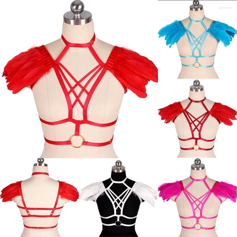 

Garters Feathers Body Cage Chest Top Sexy Harajuku Night Clubs Festival Women Harness Plus Size Bondage Fetish Lingerie Sword Belt, White