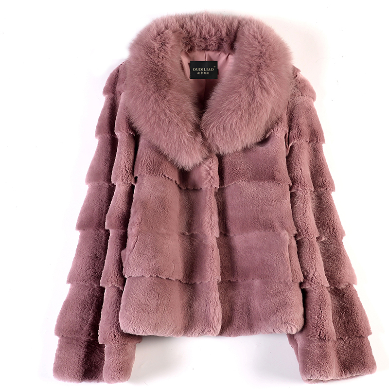 

Women's Fur Faux Whole leather rex rabbit fur coat women's short winter collar young style 221006, Rubber