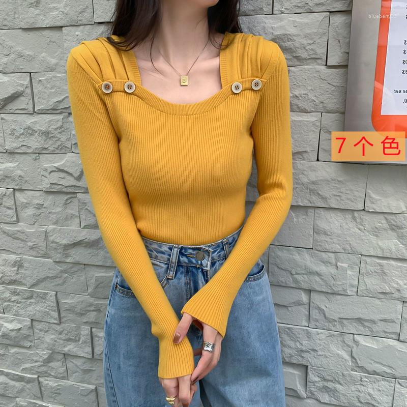 

Women's Sweaters 2022 Autumn And Winter Style Retro Square Neck Temperament Blouse Long-Sleeved Slim-Fit Inner Knit Bottoming Shirt Women, Black