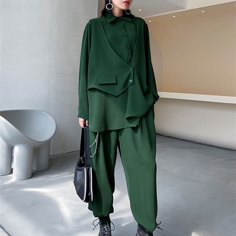 

Women's Two Piece Pants Men's Tracksuits EAM Wide Leg Pants Irregular Big Size Two Piece Suit Lapel Long Sleeve Loose Fit Women Fashion Spring Autumn 1Z605, Black