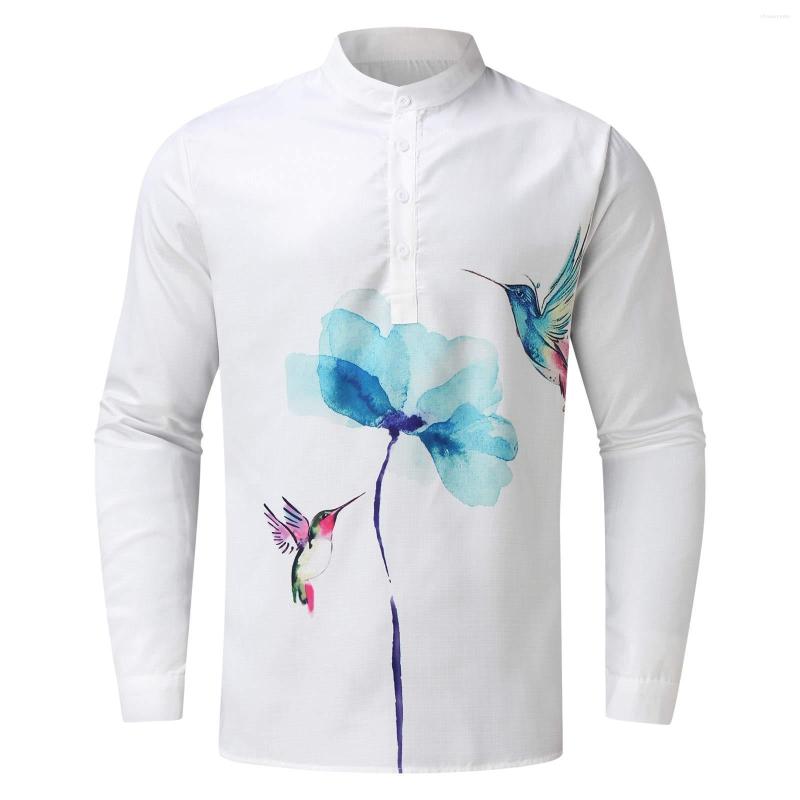 

Men' Casual Shirts Men Autumn Winter Cotton And Linen Long Sleeves Single Breasted Printed Stand Collar Top H Band, Red