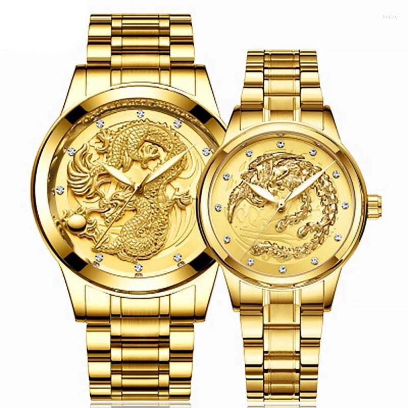 

Wristwatches Fegeen Dragon Man Quartz Watch Phoenix Women Waterproof Gold Color Ultra-Thin Steel Belt Couple, S666-woman-02
