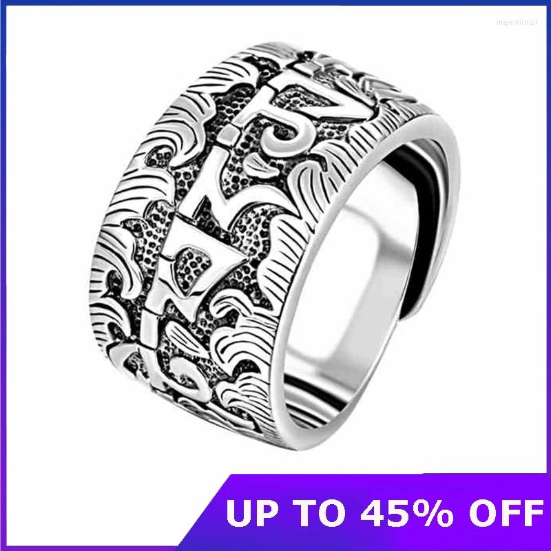 

Cluster Rings Genuine 925 Silver Six Word Ring For Men Big Wide Open Buddha Clear Engraved Vintage Thai Male Jewelry Gifts