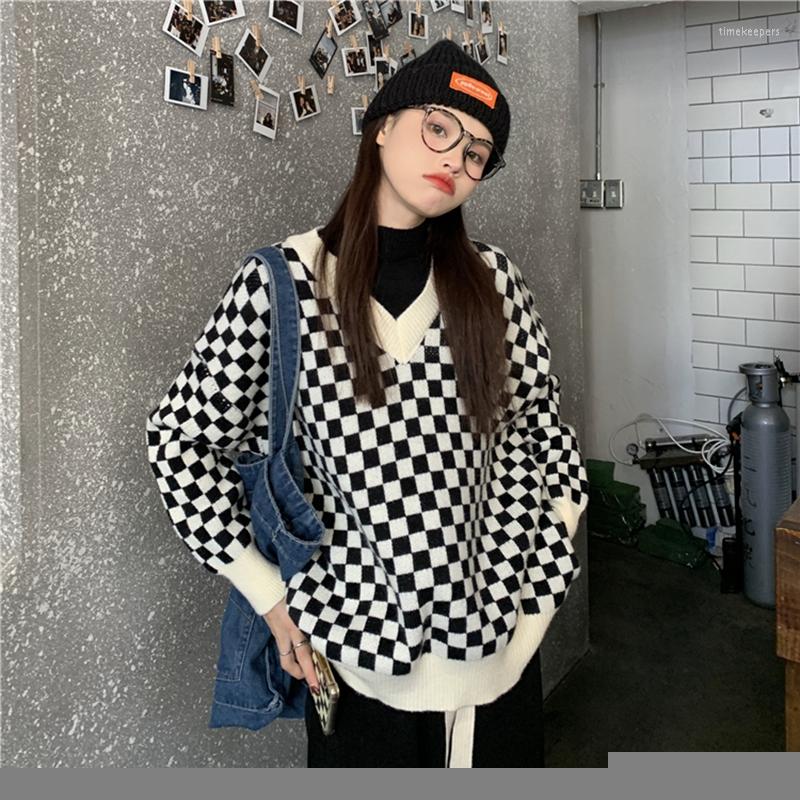 

Women's Sweaters Korean Fashion Fake Two-Piece Sweater Women Loose Outertwear Top Vintage Checkerboard Knitwear Long Sleeve Pullovers, The picture color