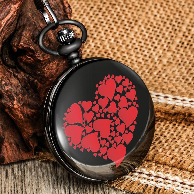 

Pocket Watches Heart Beautiful Pattern Chain Black Smooth Flip Cover Digital Dial Portable Pendant Necklace Couple Clock Honey