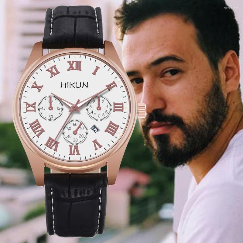

Wristwatches Luxury Men's Watches Fashion Alloy Leather Strap Quartz Business Watch Calendar Male Clock Casual Reloj Hombre, Black rose blue