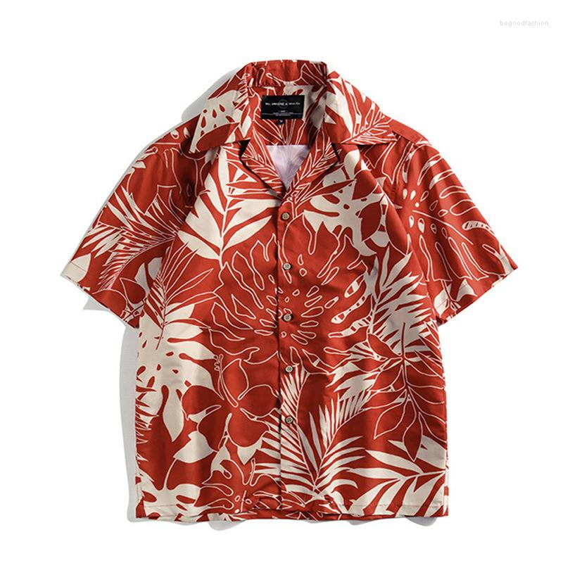 

Men's Casual Shirts Summer Vintage Leaf Print Cotton Loose Men's Short-sleeved Red Shirt Korean Street Top Camisas Fashion Mens Button