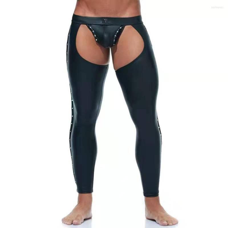 

Men' Pants Men Sexy Open Crotch Trousers Faux Leather Nightclub Stage Performance Stylish, Black