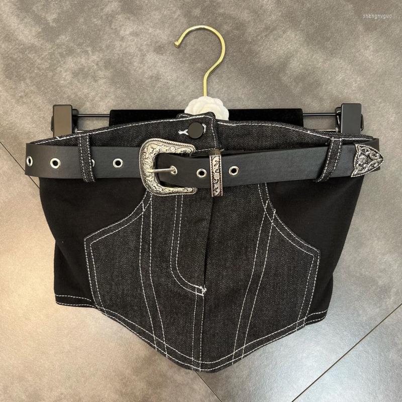 

Women' Tanks PREPOMP 2022 Summer Arrival Sleeveless Strapless Black Denim Slim Vest Sexy Tank Top Metal Belt Women GF635