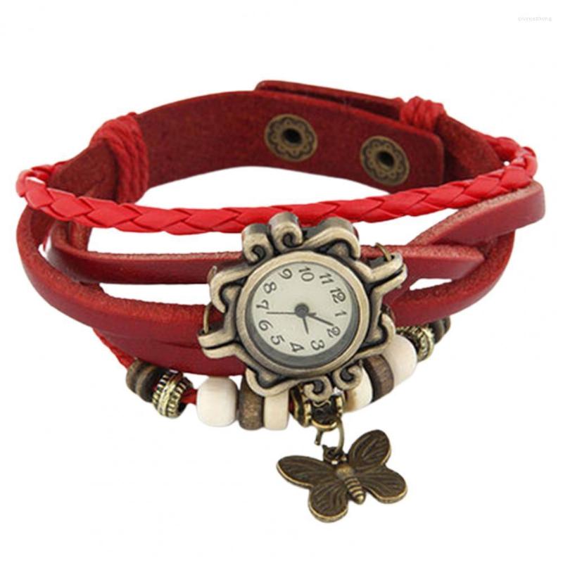 

Wristwatches Adjustable Metal Fashion Weave Wrap Watches Wear Retro Bracelet Wristwatch Faux Leather Butterfly Beads Pendant Chain, White