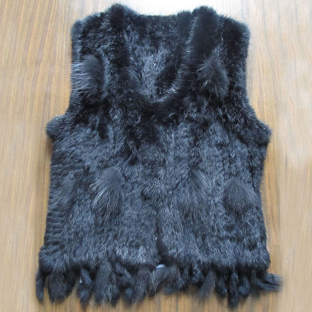 

Women's Fur Faux Fashion Women Real Rabbit Vest With Tassel Lady Knitted Natural Waistcoat Coat Quality Casual Gilets 221006, Black
