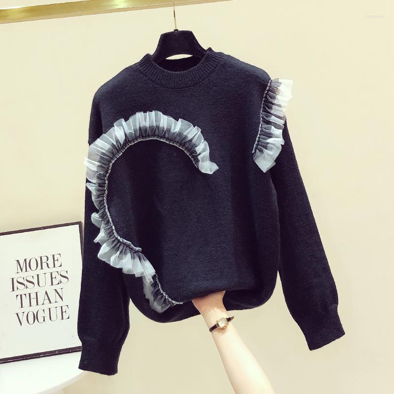 

Women' Sweaters 2022 Autumn Winter Long Sleeve Pullover Knitted Top Contrast Color Mesh Spliced Fashion Sweater Women' Loose Black