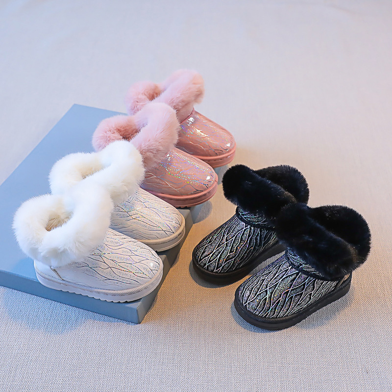 Winter Baby Platform Short Ankle Boots for Girls Warm Plush Children's Shoes Fashion Shiny PU Leather Kids Pink Booties