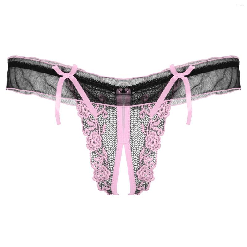 

Men's G Strings Men Flower Embroidery Crotchless Thongs Sexy Sissy Underwear Lace Trim Elastic Waistband T-back Bowknot Underpants, White