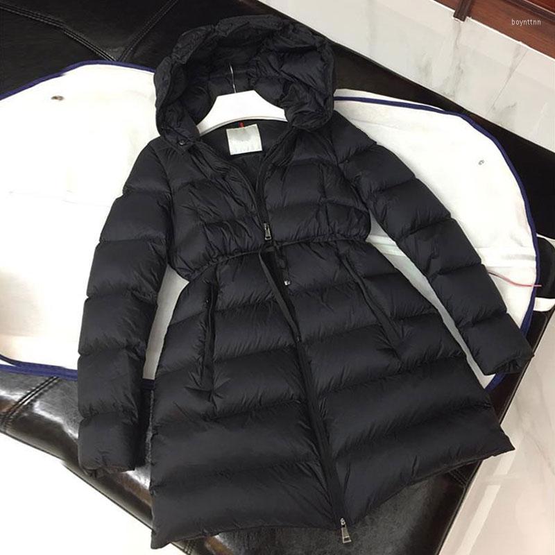 

Women's Down Women Jacket Winter Fashion Brand Hooded Lace Up Waist Long Female 2022 Coat Padded Warm Casual Parkas, Black