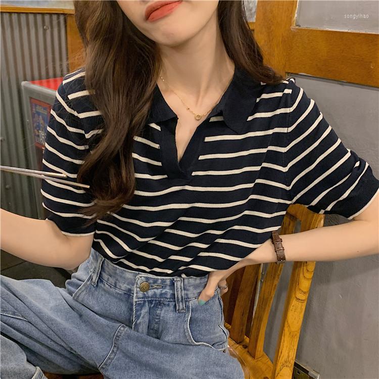

Women's Sweaters Women T-shirt Summer Clothes 2022 Korean Loose V-neck POLO Collar Bottoming Shirt Ice Silk Striped Short-sleeved Sweater, Blue