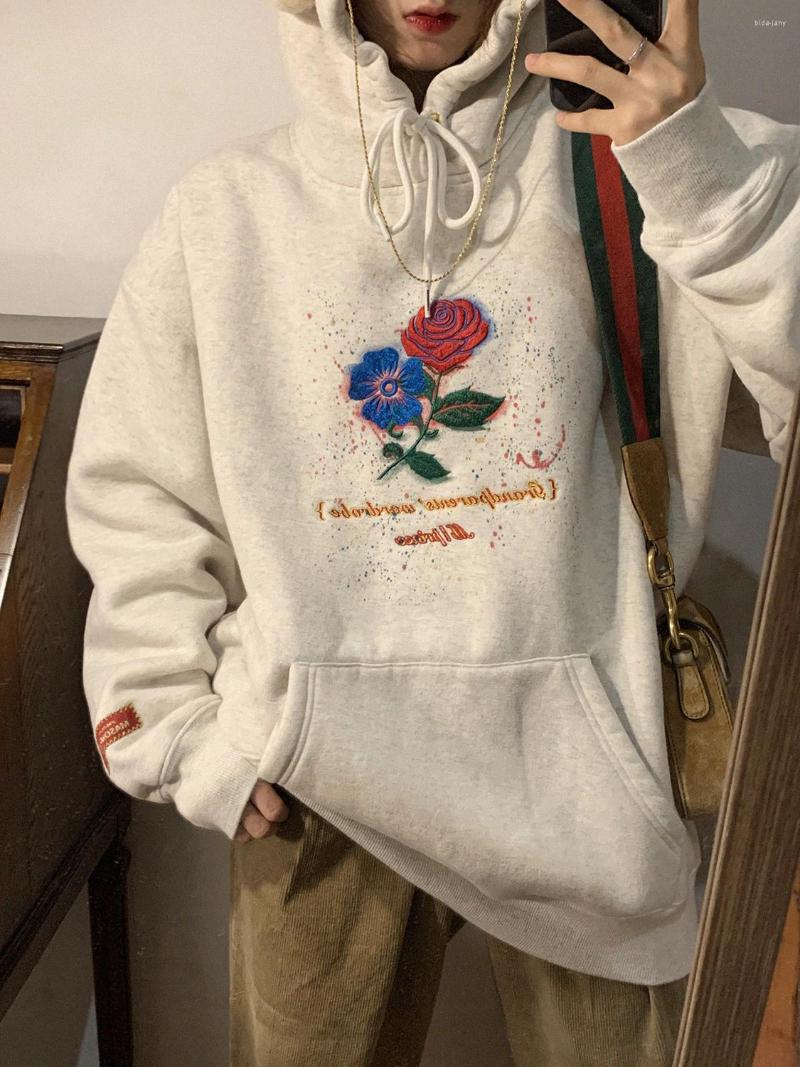 

Women's Hoodies Kpop Ins Harajuku Thick Fleece Women Embroidered Flowers Chic Autumn Winter Streetwear Female Loose Tops, Gray