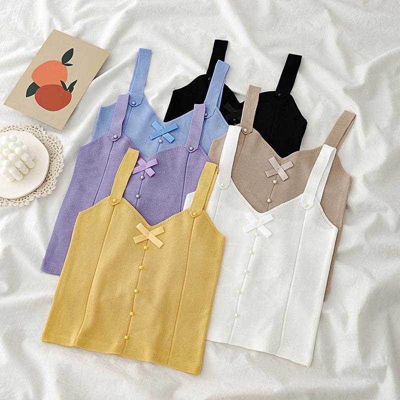 

Women's Tanks Women Bow Tank Tops Sexy Ladies Knitted Cropped Solid Crop Sleeveless Camisole Women's Summer, White