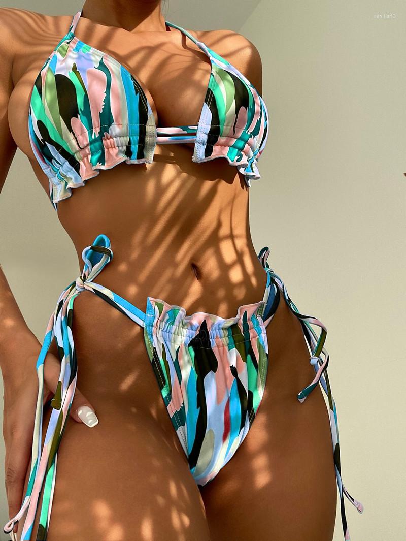 

Women' Swimwear 2022 Bikinis Sexy Halter Bandage Two-piece Swimming Suits Women Beachwear Push Up Padded Bra Thong High Cut Biquinis