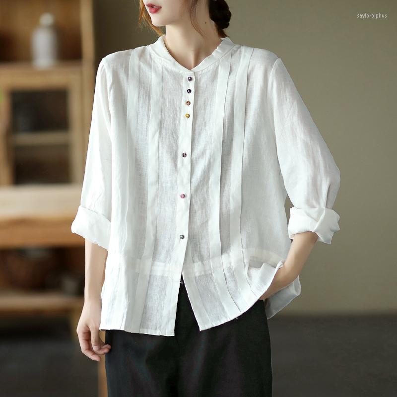 

Women's Blouses Spring Autumn Fashion Woman Long Sleeved Loose Shirt All-matched Casual Solid Cotton Linen Female Tops 2022 Blusas, Blue