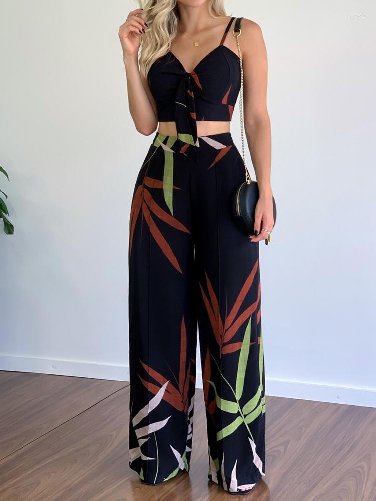 

Women' Two Piece Pants Women Print V Neck Short Tops Long Suit Summer Loose Casual Female Matching Set Straight Wide Leg Streetwear Outfits, 01 print