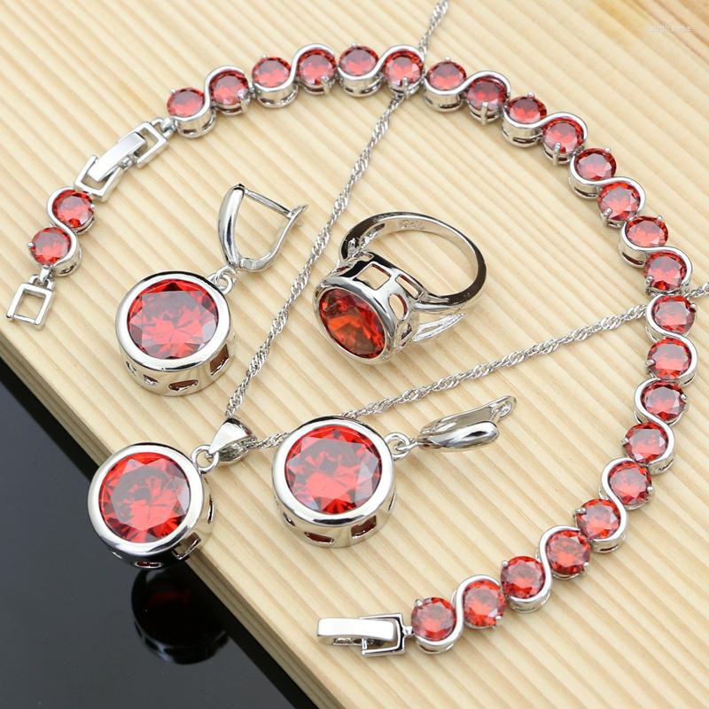 

Necklace Earrings Set Fashion Ladies Bridal 925 Silver Fire Red Zirconia Stone Bracelet Ring Drop, Picture shown