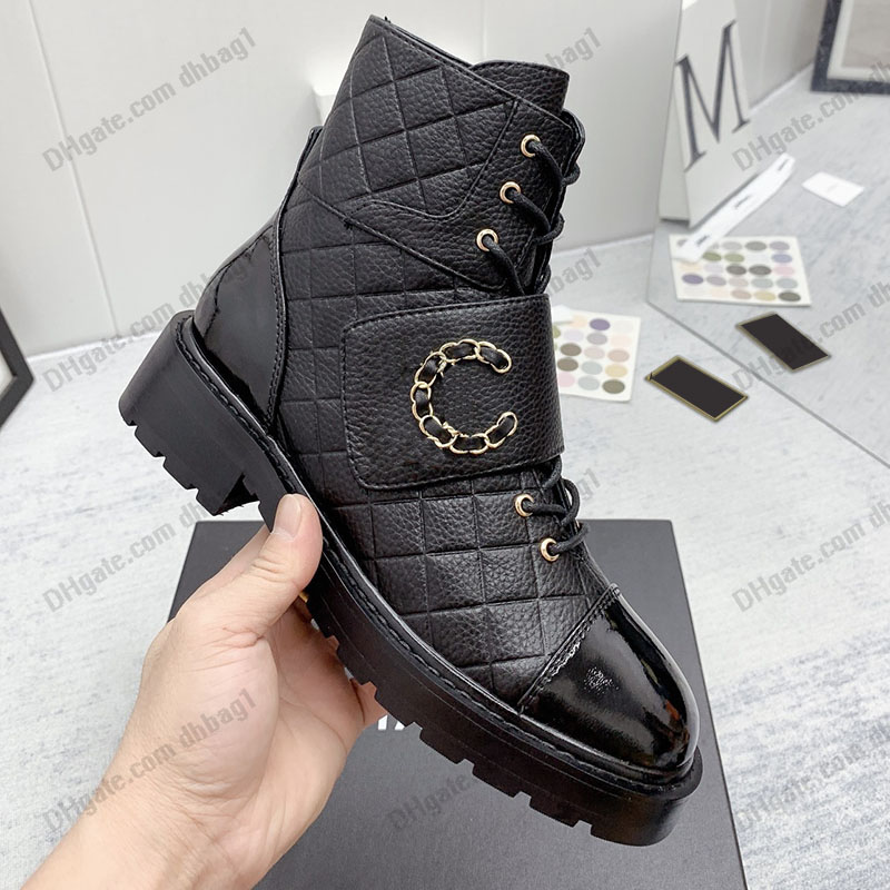 

Winter Womens Ankle Boots Lichee Pattern Cowhide Chunky Heels Fashion Round Toes Knight Designer Snow Lace-up Chelsea Booties Rubber Outsole Outdoor Casual Shoes, Black