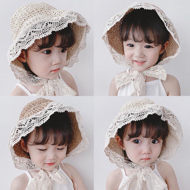 

Hats Summer Spring Baby Girl Straw Hat Fisherman Sun Beach Sunshade Lace Children Korean Leisure, Khaki