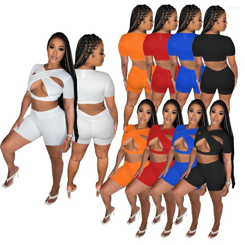 

Women' Tracksuits Sexy Two Piece Set Women Solid Short Sleeve Cross Hollow Crop Top Casual Biker Shorts Matching 2022 Summer Streetwear, Black
