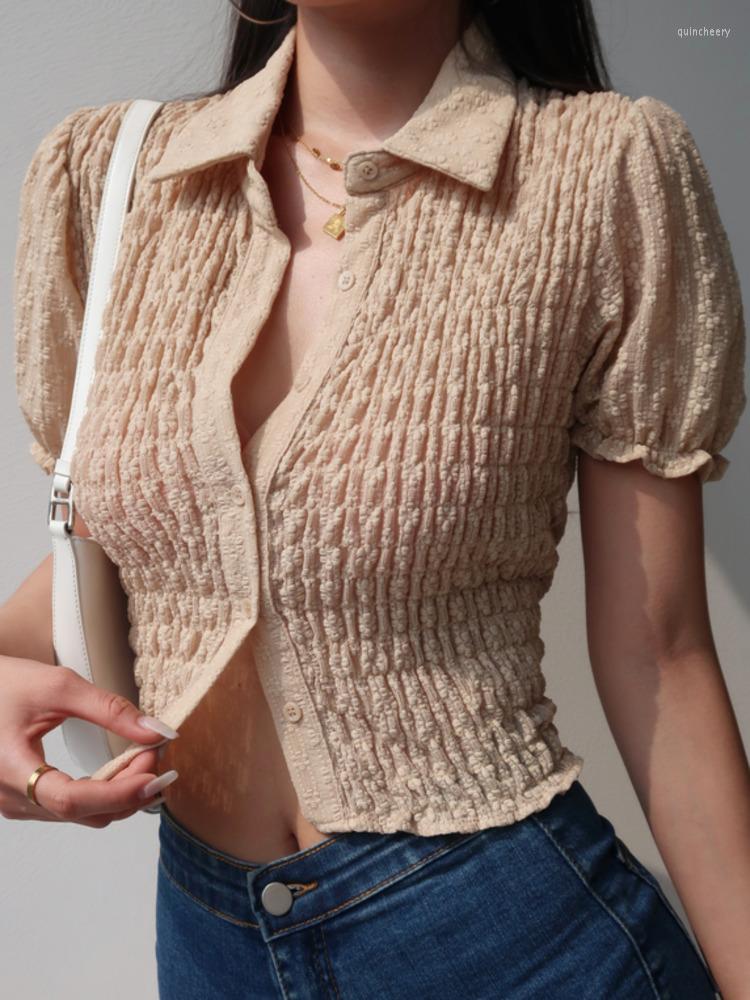 

Women' Blouses WOMEGAGA French Simple Casual Style Lapel Single Breasted Folds Short Sleeve Shirt Solid Color Slim Women' UWKA, Khaki