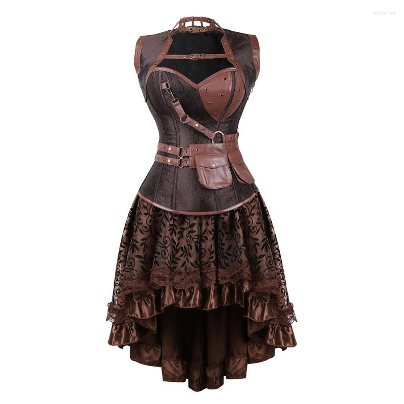 

Bustiers & Corsets Women Steampunk Corset Vest With Floral Lace Skirt Sets Gothic Vintage Faux Leather Dress Burlesque Pirate Costume -6XL, 2081brown