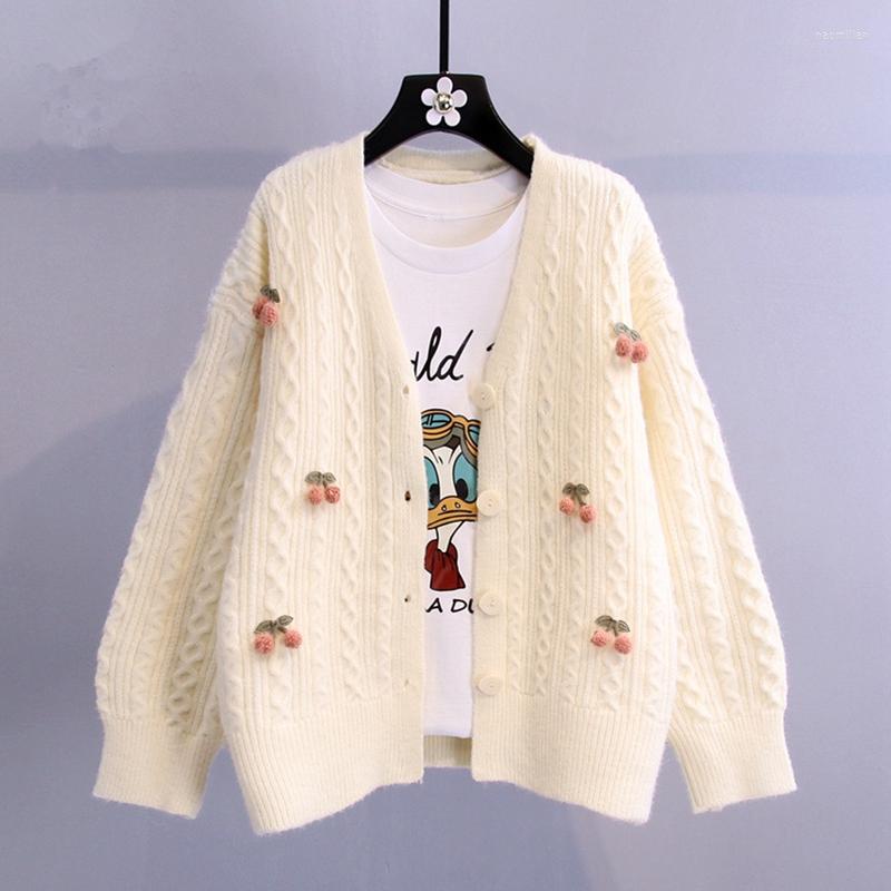 

Women' Knits Knitted Cardigan Short Jacket Early Spring Autumn Women 2022 Tops Sweaters Loose Cherry Decoration Outwear, Pink