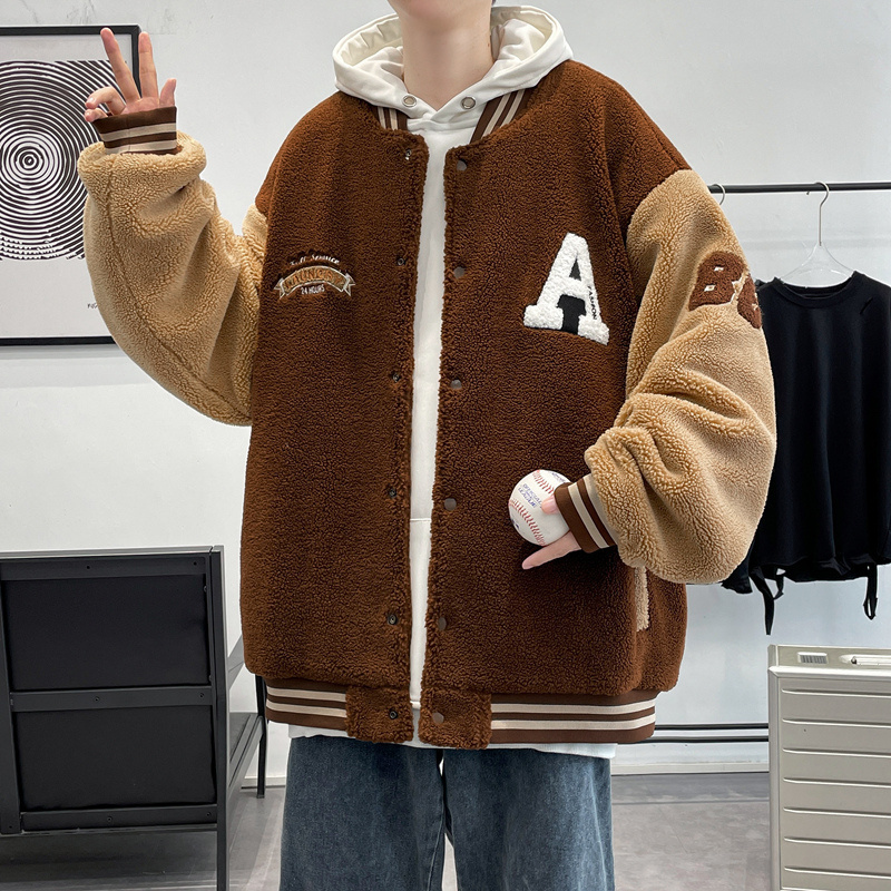 

Men's Leather Faux Leather Men Winter Oversized Fleece Baseball Jacket Streetwear Trend Thick Cashmere Lamb Wool Coat Warm Faux Lamb Fur Varsity Jacket 221006, Black