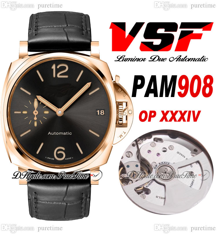 

VSF 42mm VS908 OP XXXIV Automatic Mens Watch 00908 FU Rose Gold Black Dial Leather Strap Super Edition Watch PTPM Puretime