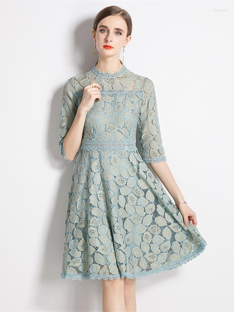 

Casual Dresses Elegant Floral Office Embroidery Lace Dress Work Vestidos High Waist Vintage Women' Hollow Out Flower Crochet Midi, Black