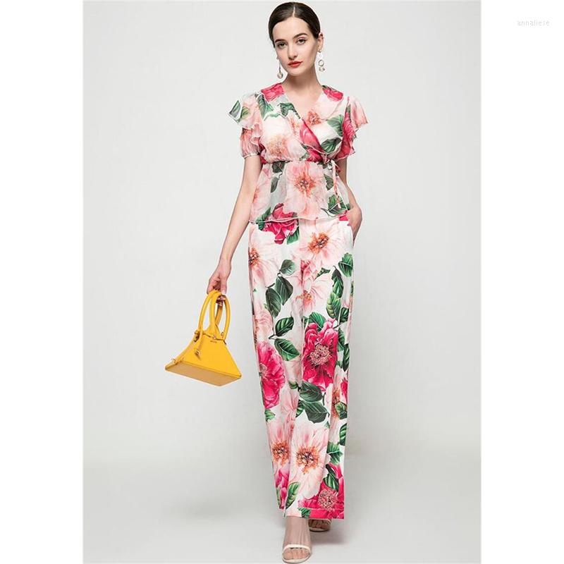 

Women' Tracksuits Runway Designer Set High Quality Spring Summer Women Suits Short Sleeve Ruffles Print Shirt Loose Pants Two-piece Sets, Picture shown