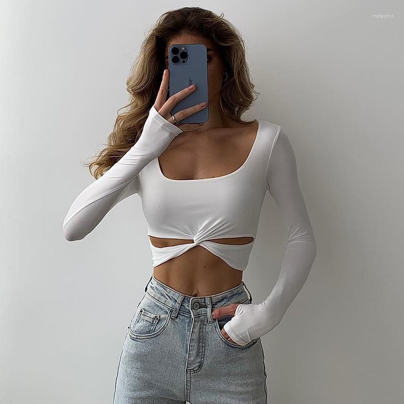 

Women' T Shirts Cross Twist White Crop Tops For Women Sexy Casual Long Sleeve Blouses Autumn Basic Bottoming Kink Shirt Korean Fashion Tees, Black