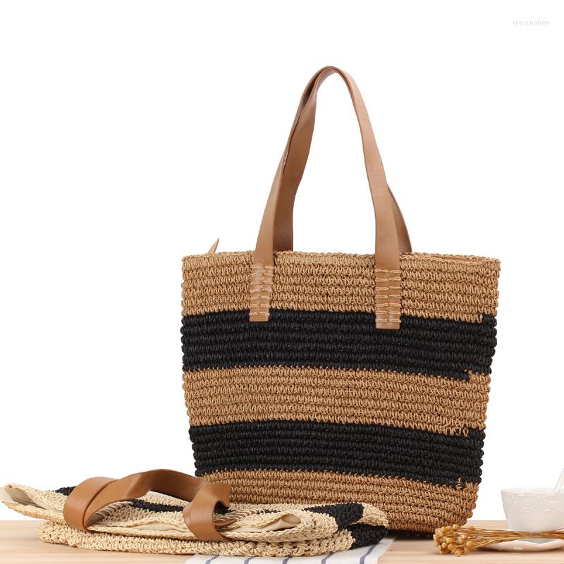 

Evening Bags Simple Striped Women Woven Handbag Straw Shoulder Bag Lady Large Tote Cute Messenger Girls Holiday Travel Beach, Beige