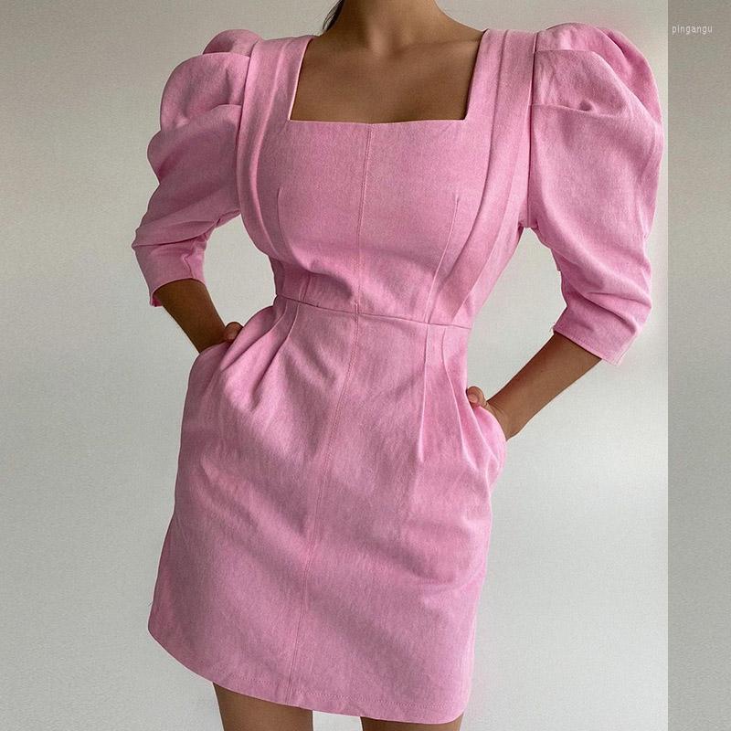 

Casual Dresses Women Solid Cotton Linen Party Mini Dress Fashion Sexy Bubble Seventh Sleeve Square Neck Office Elegant French, Pink