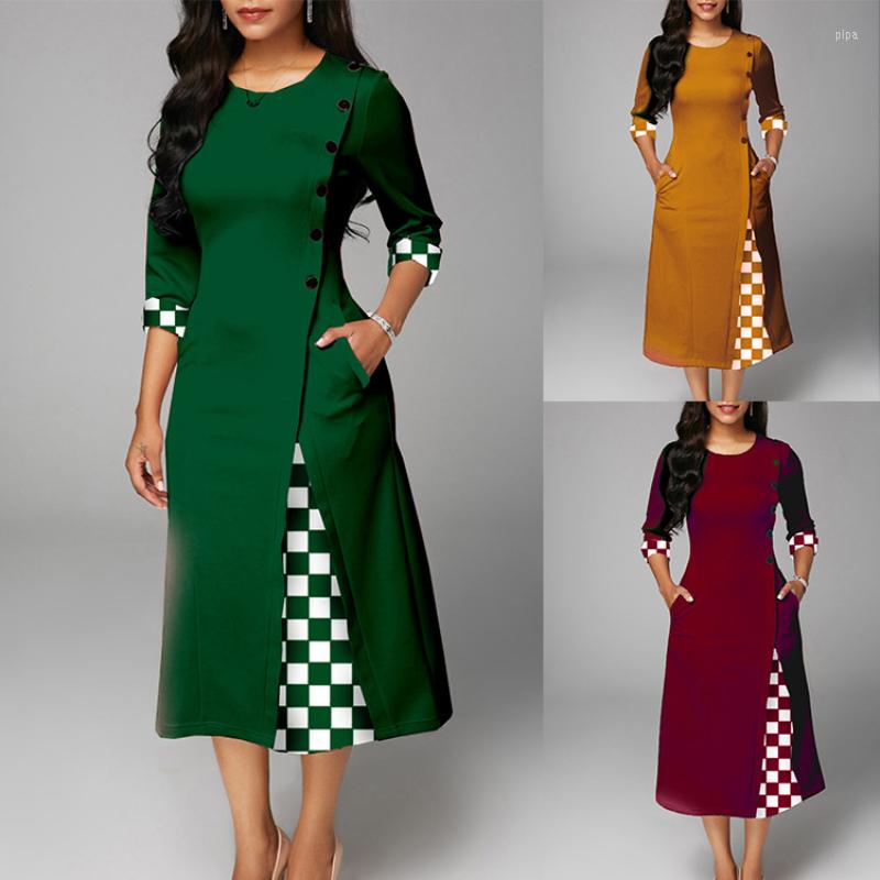 

Casual Dresses Elegant Plaid Stitching Women Dress 2022 Spring Green Round Neck Three Quarter Midi Slim Office Button A-Line, Claret