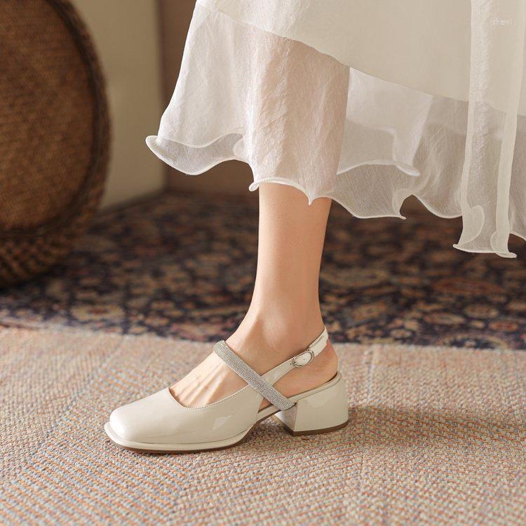 

Sandals Diamond Women's Thick Heel Square Toe Classic Female Mary Jane 2022 Design Elegant Shallow Ladies Shoes Chaussure Femme, Beige