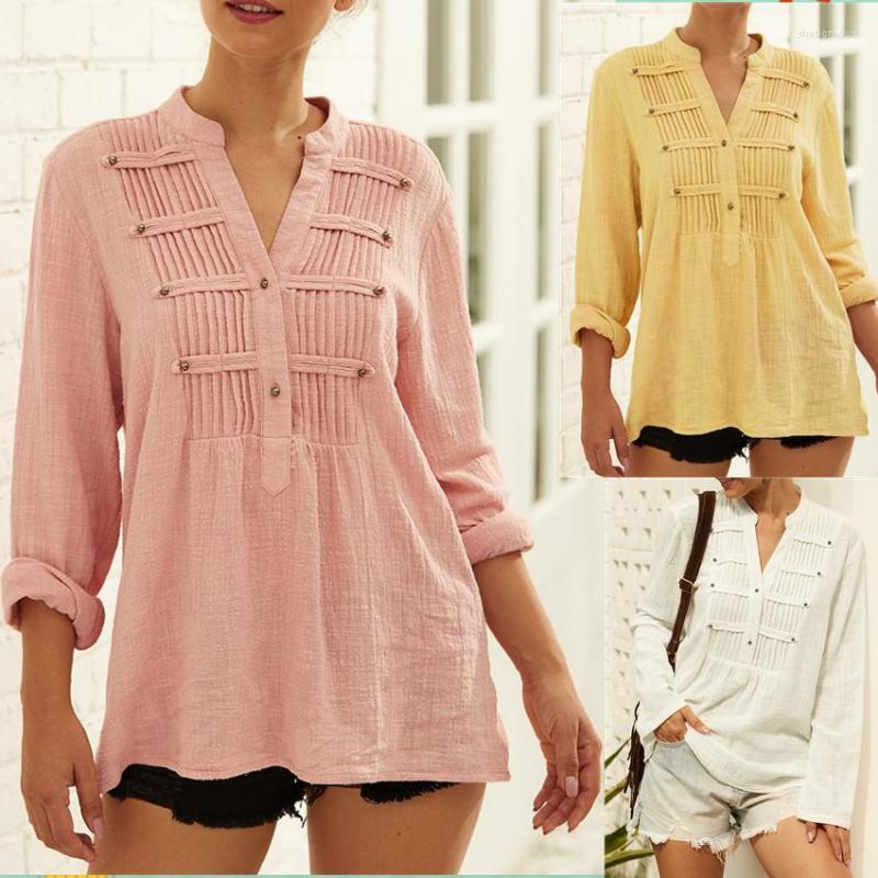 

Women's Blouses Women V-Neck Long Sleeve Cotton Linen Blouse Shirt 2022 Spring Autumn Female Elegant Oversize Plus Size White Chic Tops, Pink