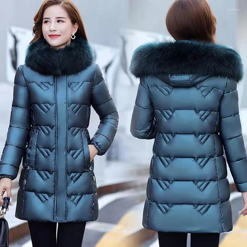 

Women's Down Glossy No Wash Cotton-padded Coat Women Solid Color Mid-length Winter Clothing Cotton Hooded Fur Collar JD2160, Ink green