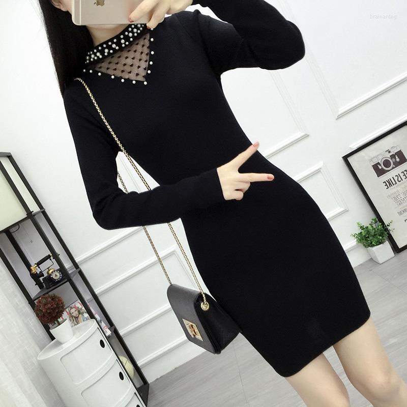 

Women's Sweaters Lace Nail Bead Sweater Autumn Winter Women Full Sleeve Knitting Dress Office Lady Street Casual Black Basic Bodycon Mini, Z-07