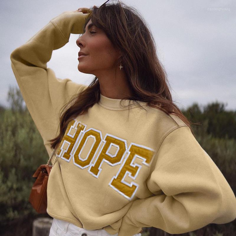

Women' Hoodies Round Neck Pullover Letter Patch Plus Velvet Sweatshirt Women Autumn 2022 Loose Casual Top, Apricot