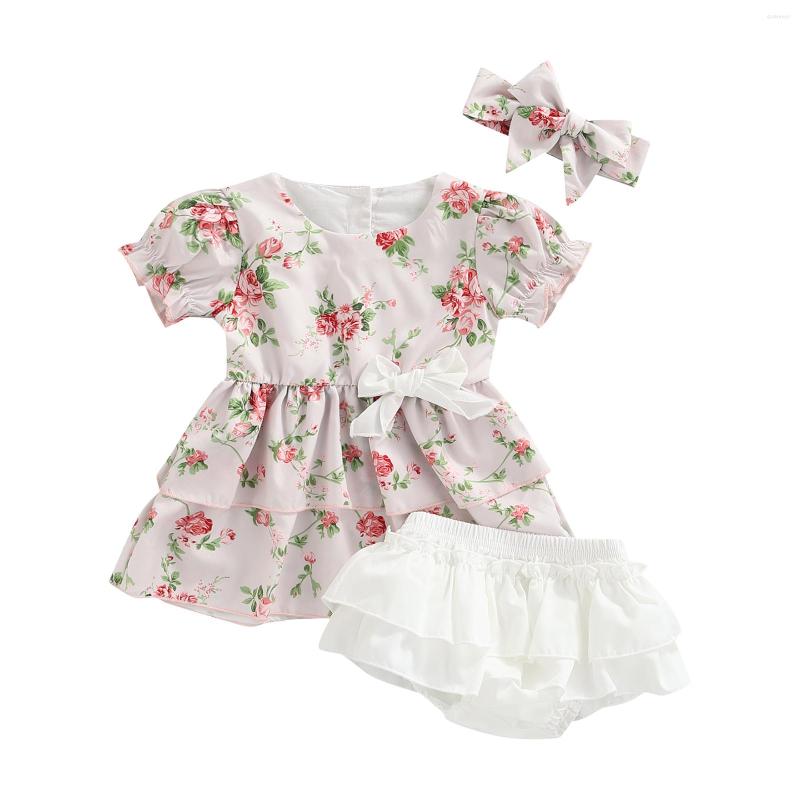 

Clothing Sets Infant Baby Girls Short Sleeve Dress Shorts Bow Headband Flower Pattern Elastic Waist Summer 3M-24M, Picture shown