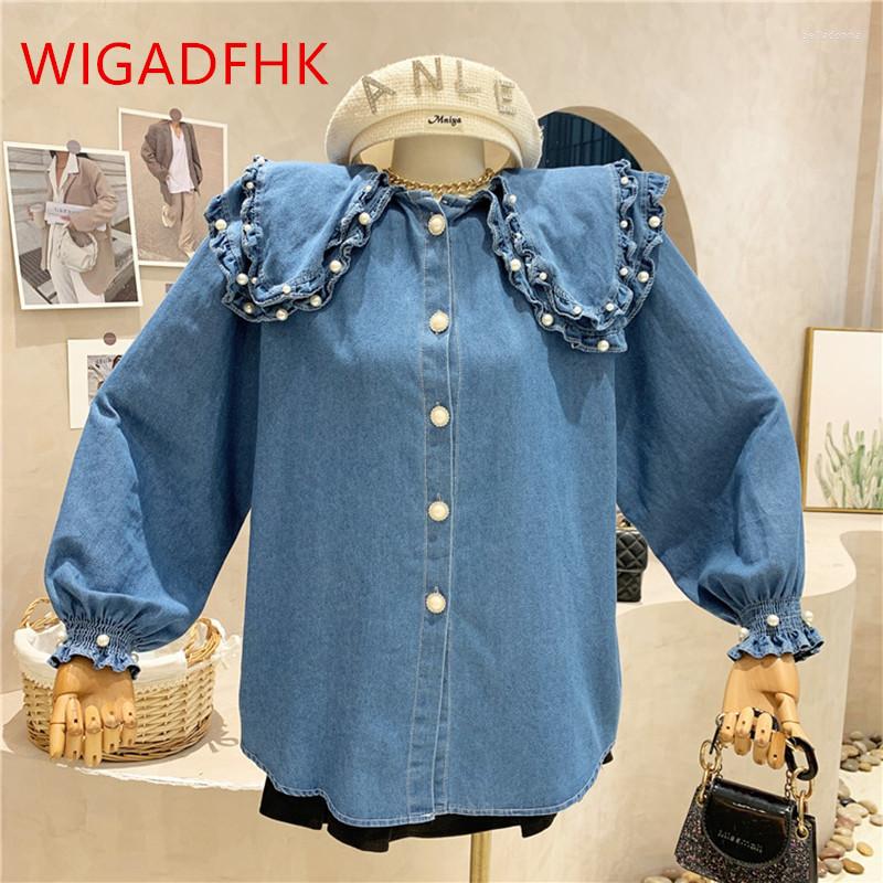 

Women's Blouses 2022 Spring Sweet Beaded Ruffled Doll Collar Denim Shirt Female Retro Casual Loose Long-sleeved Single-breasted Top, Photo color