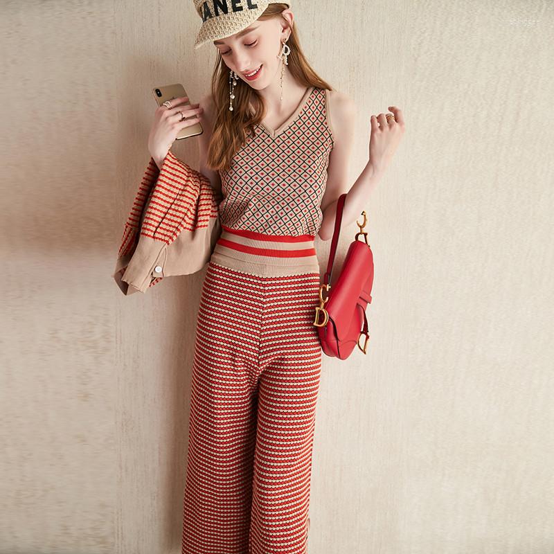 

Women's Two Piece Pants Elegant Plaid Knit Set Women Knitted Cardigan Tops And Vest High Waist Wide Leg Three-piece Suit Women's 2022, Picture color
