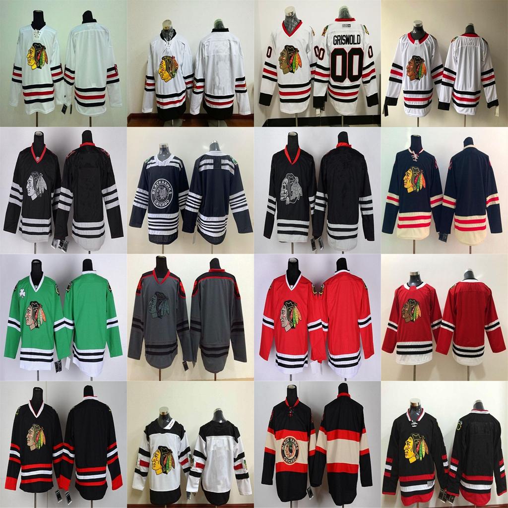 

College Wear custom Chicago Blackhawks Winter Classic Jersey 19 Jonathan Toews 88 Patrick Kane 2 Duncan Keith 00 Clark Griswold Black Hockey, As shown in illustration