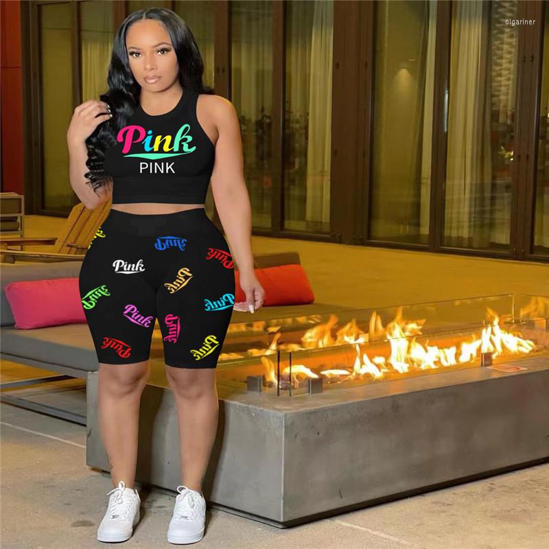 

Women' Tracksuits Fashion Casual Women' Summer Recommended Sleeveless Crew Neck Letter Printing Street Trend Sports Shorts Suit, Black